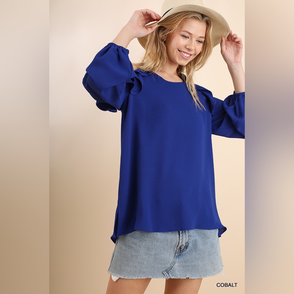 UMGEE Puff Sleeve Top with Open Ruffled Shoulders and Side Slits- Cobalt
